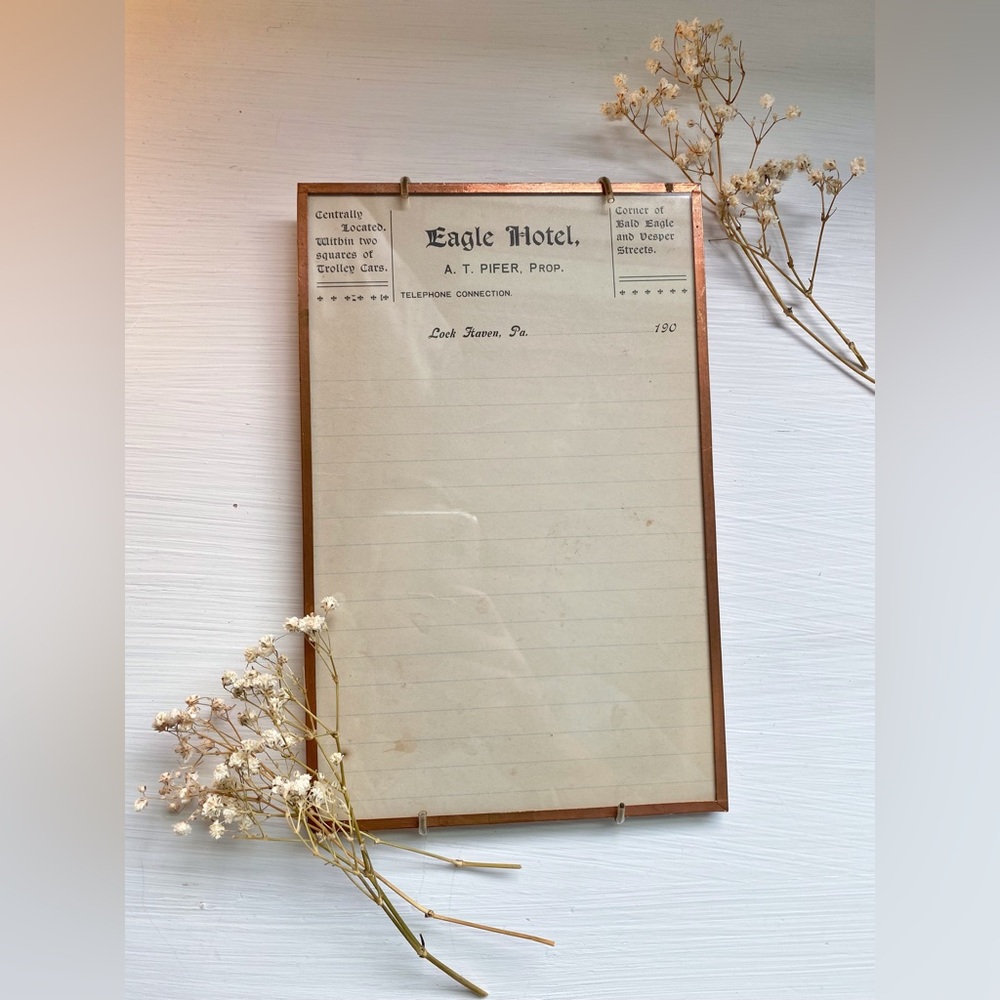 Vintage Eagle Hotel Framed Stationary In Copper Frame